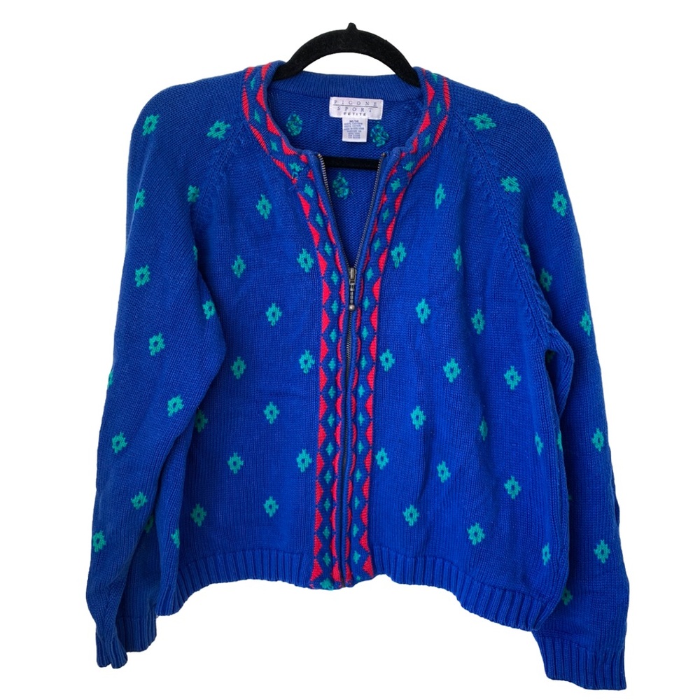 Picone Sport Pattern Cardigan Sweater Blue‎ Size M Petite Crewneck Vintage 80s